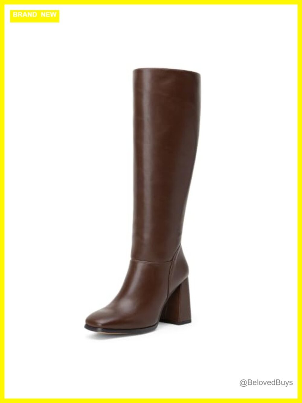 Vepose Square Toe Knee High Boots Faux Leather Chunky Block Heel